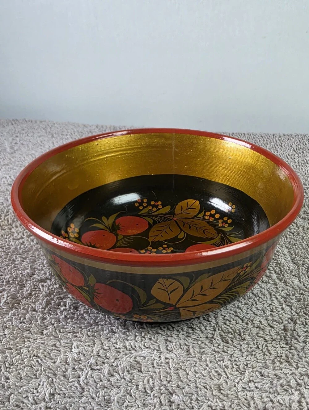 Vintage Russian Khokhloma Hand - Painted Lacquered Wood Bowl